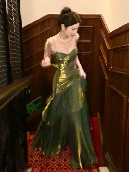 Modest Mermaid Spaghetti Straps Ruffles Long Prom Dresses