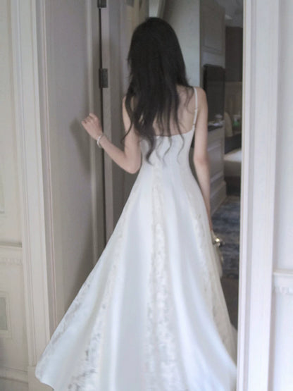 Sweety A Line Spaghetti Strap White Lace Long Pleated Prom Dress