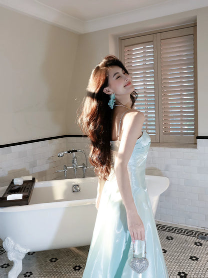 Ice Blue A Line Spaghetti Strap Ankle Length Pleated Prom Dress