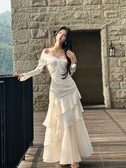 Classy Mermaid Off The Shoulder Long Sleeve Pleated Prom Dress