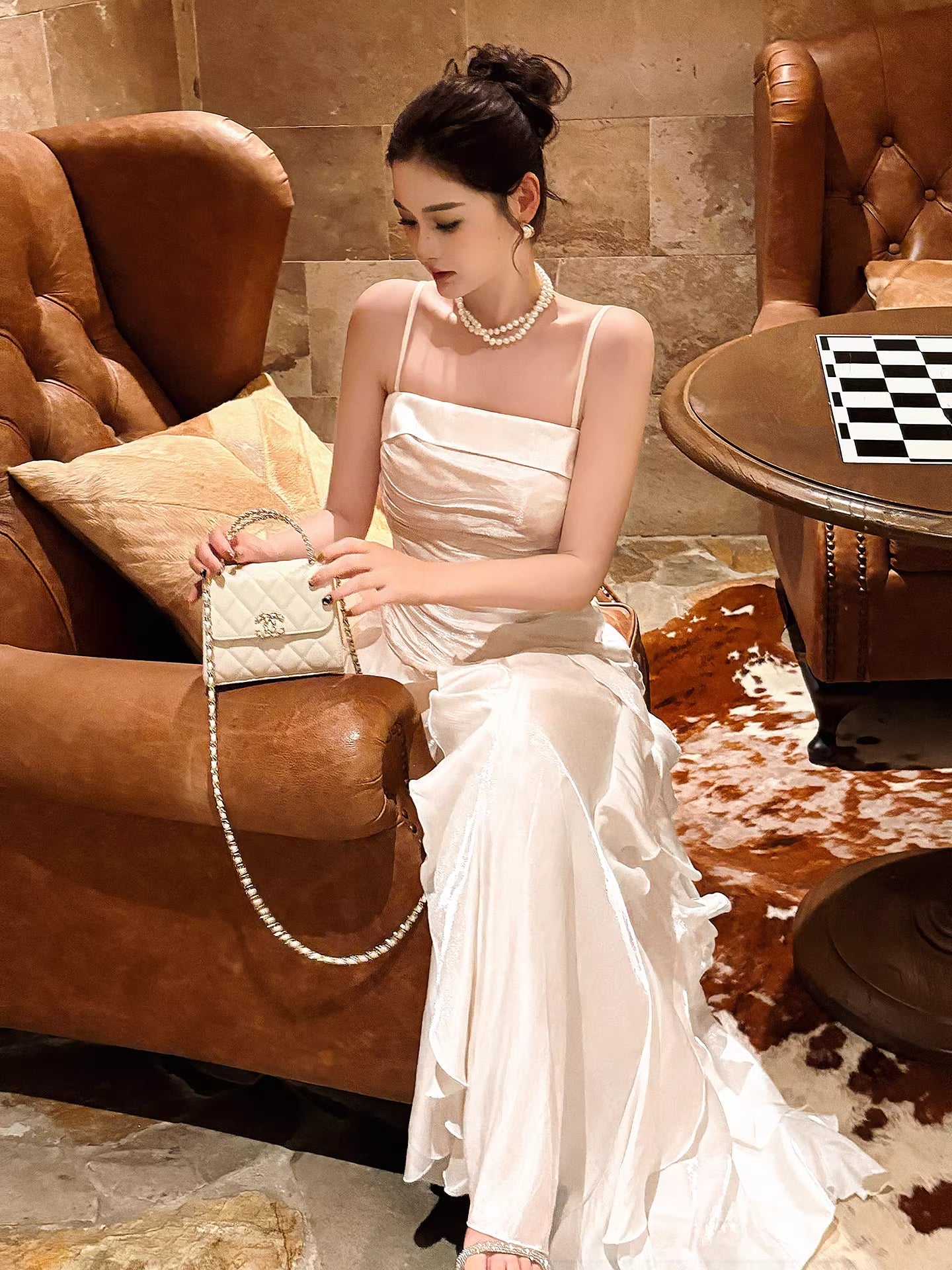 Modest Mermaid Spaghetti Straps White Ruffles Long Prom Dresses