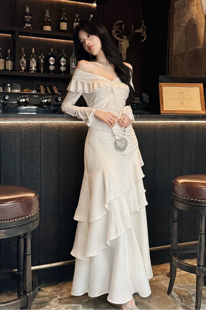 Classy Mermaid Off The Shoulder Long Sleeve Pleated Prom Dress