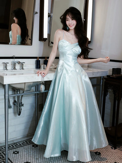 Ice Blue A Line Spaghetti Strap Ankle Length Pleated Prom Dress