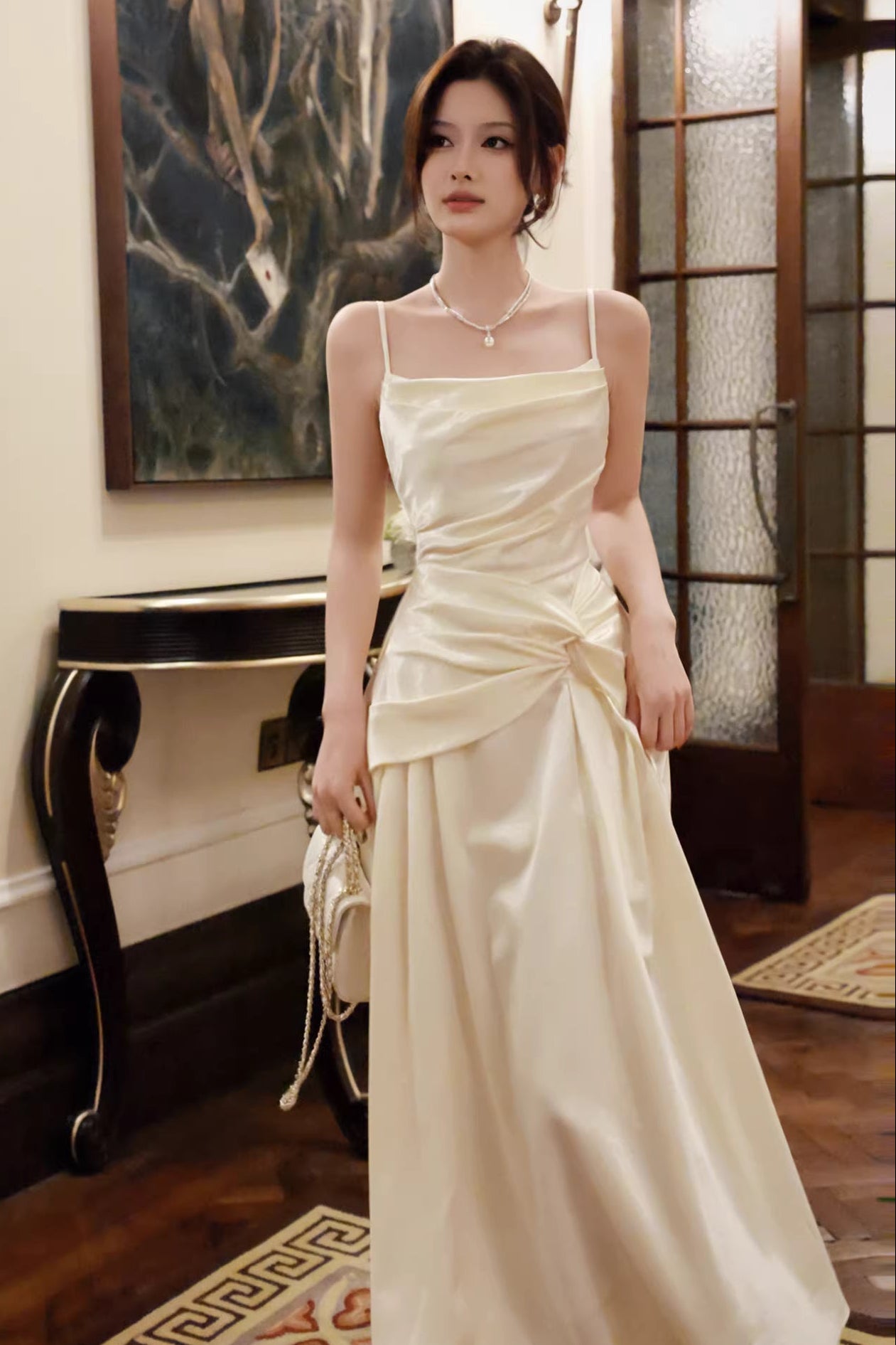 Ivory A line Spaghetti Straps Long Prom Dresses Wedding Guest Dress