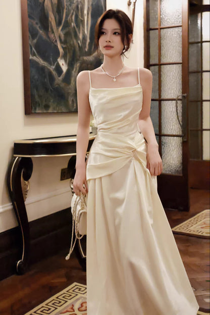 Ivory A line Spaghetti Straps Long Prom Dresses Wedding Guest Dress