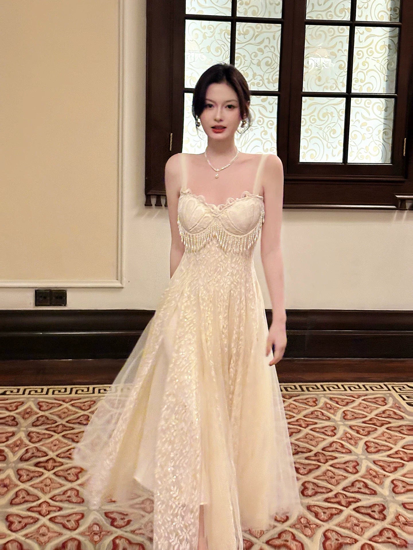 Sexy A line Spaghetti Straps Apricot Lace Prom Dresses Wedding Guest Dress