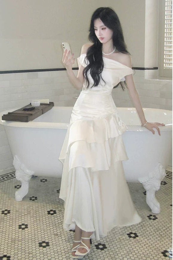 Simple A Line Off The Shoulder White Satin Floor Length Prom Dresses