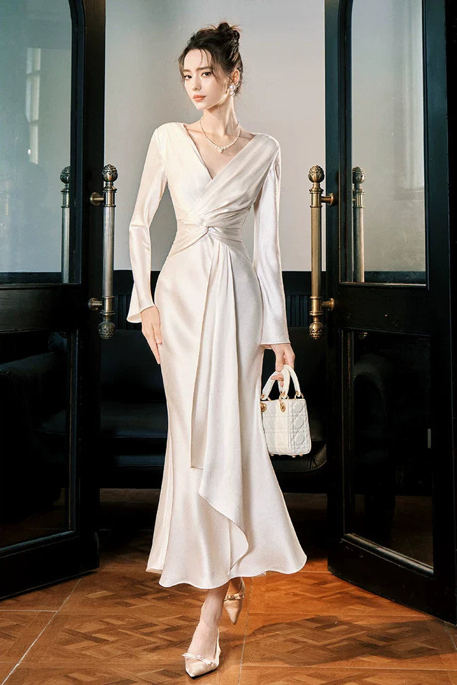 V Neck Long Sleeves Ankle Length Prom Dresses