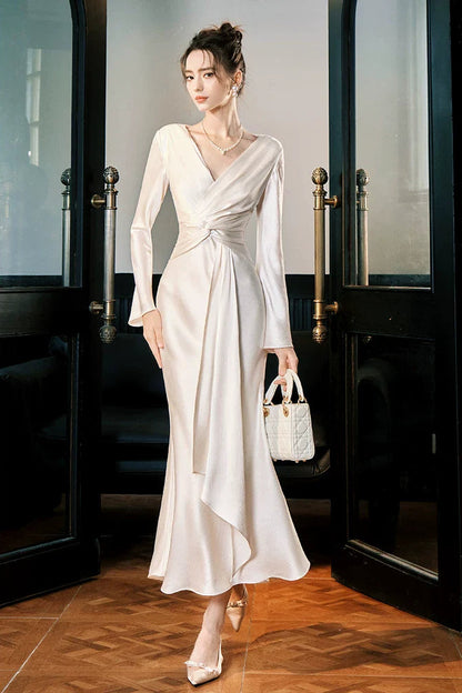 V Neck Long Sleeves Ankle Length Prom Dresses