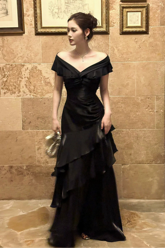 Classy Mermaid Off The Shoulder Black With Short Sleeves Floor Length Pleated Prom Dress