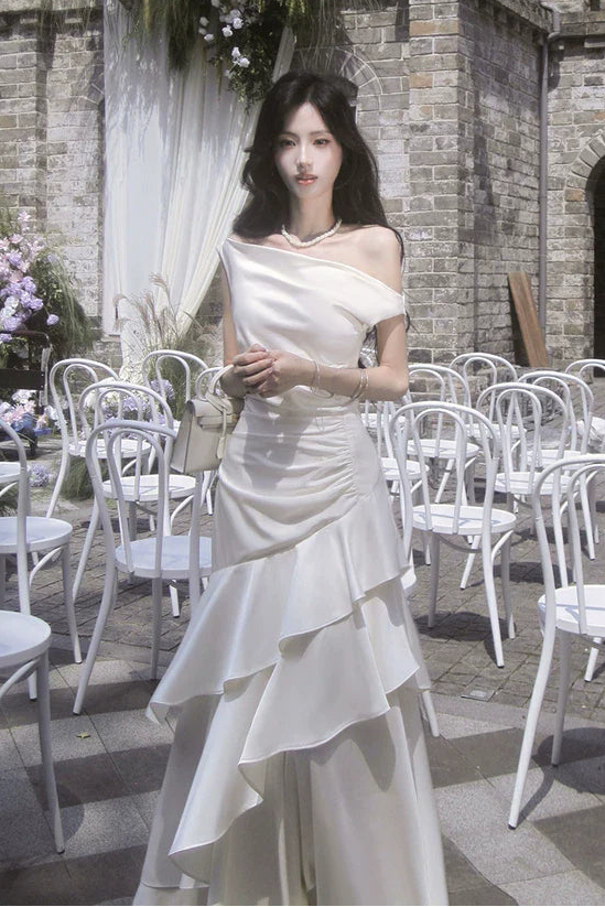 Simple A Line Off The Shoulder White Satin Floor Length Prom Dresses
