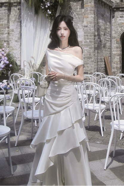 Simple A Line Off The Shoulder White Satin Floor Length Prom Dresses