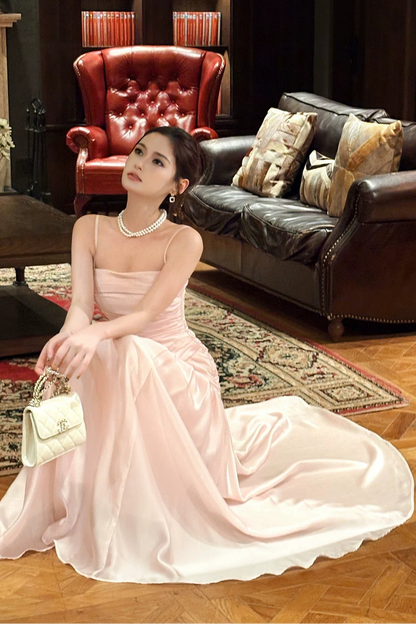 Pink  Spaghetti Strap Satin Long Pleated Prom Dress