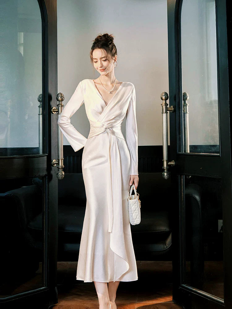 V Neck Long Sleeves Ankle Length Prom Dresses