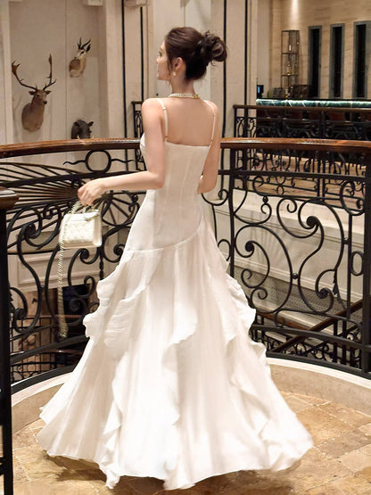 Modest Mermaid Spaghetti Straps White Ruffles Long Prom Dresses