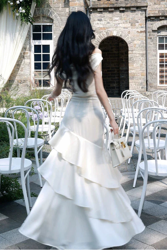 Simple A Line Off The Shoulder White Satin Floor Length Prom Dresses
