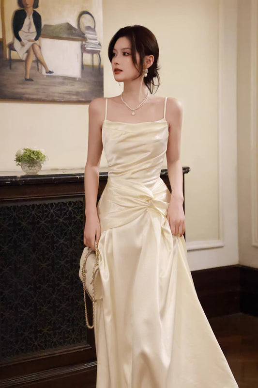 Ivory A line Spaghetti Straps Long Prom Dresses Wedding Guest Dress