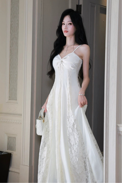 Sweety A Line Spaghetti Strap White Lace Long Pleated Prom Dress