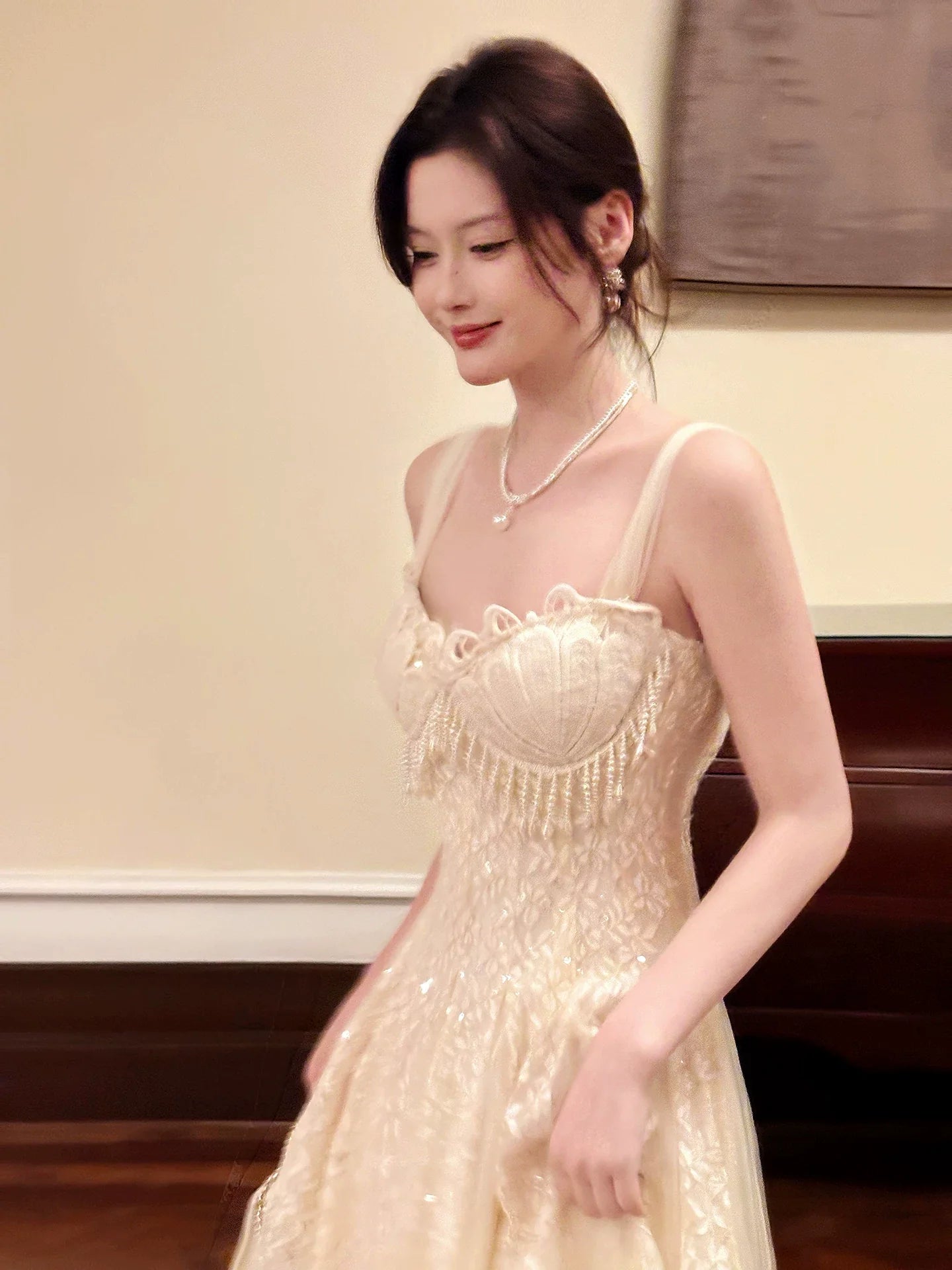 Sexy A line Spaghetti Straps Apricot Lace Prom Dresses Wedding Guest Dress