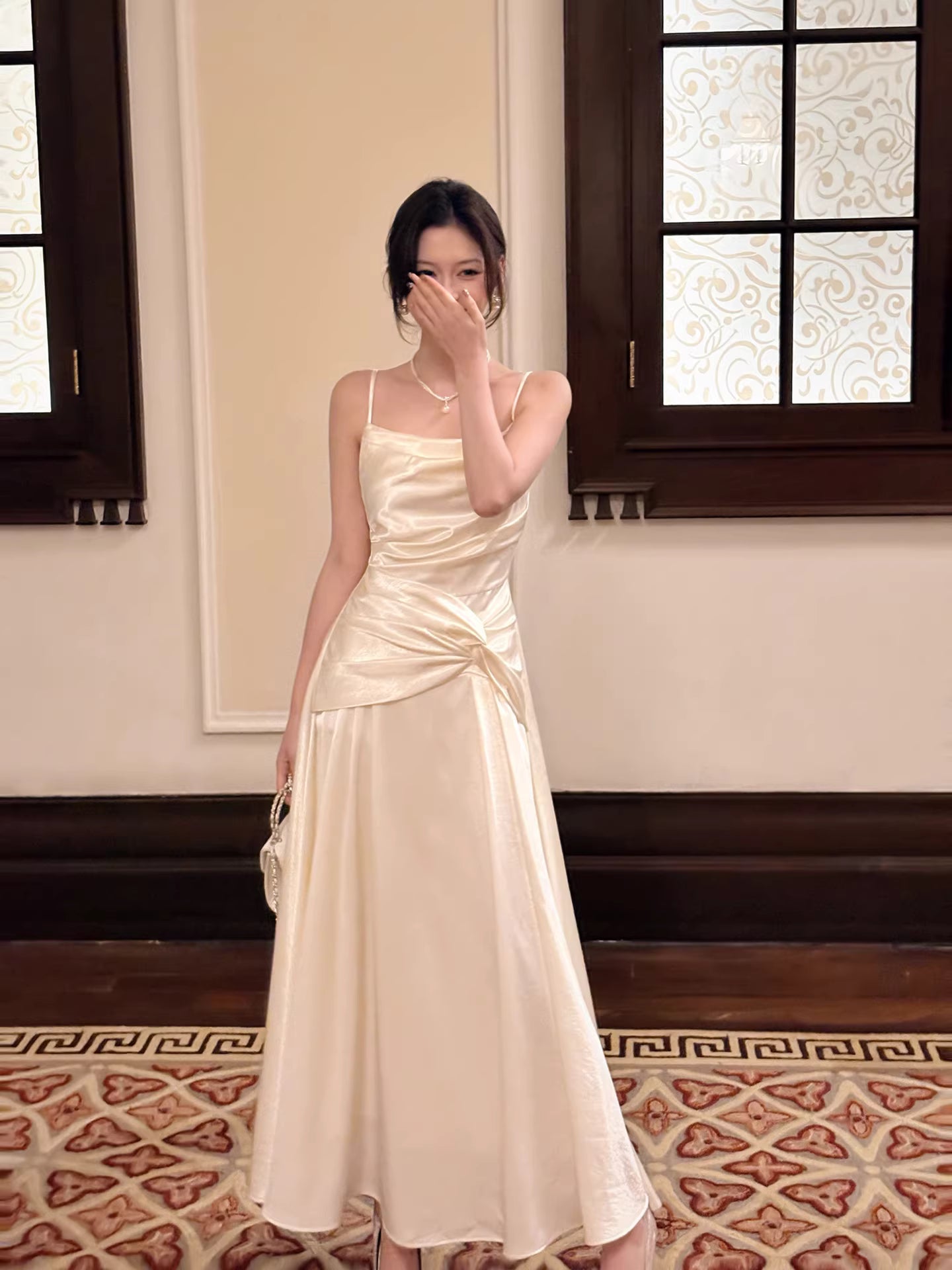 Ivory A line Spaghetti Straps Long Prom Dresses Wedding Guest Dress