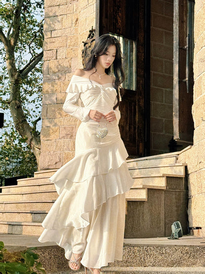 Classy Mermaid Off The Shoulder Long Sleeve Pleated Prom Dress