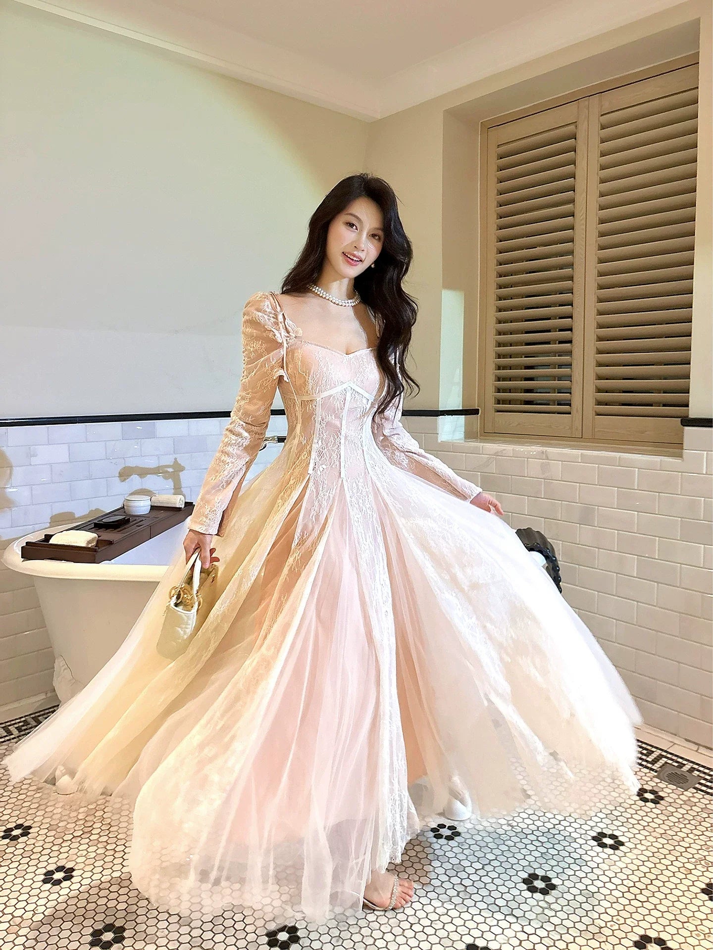 Cute A Line Long Sleeves Lace Pleated Prom Dresse