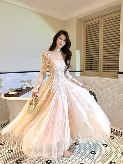 Cute A Line Long Sleeves Lace Pleated Prom Dresse