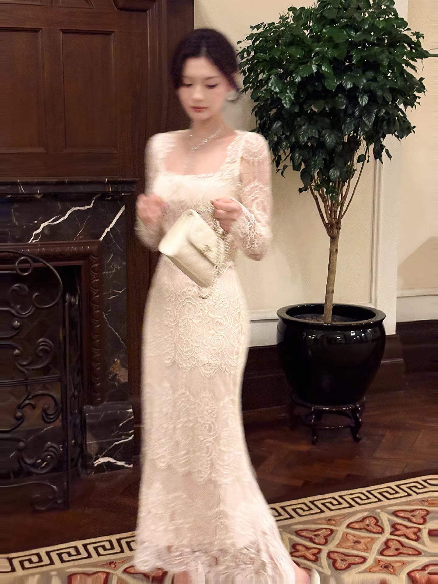 Square Neck Lace Long Sleeves Ankle Length Prom Dresses