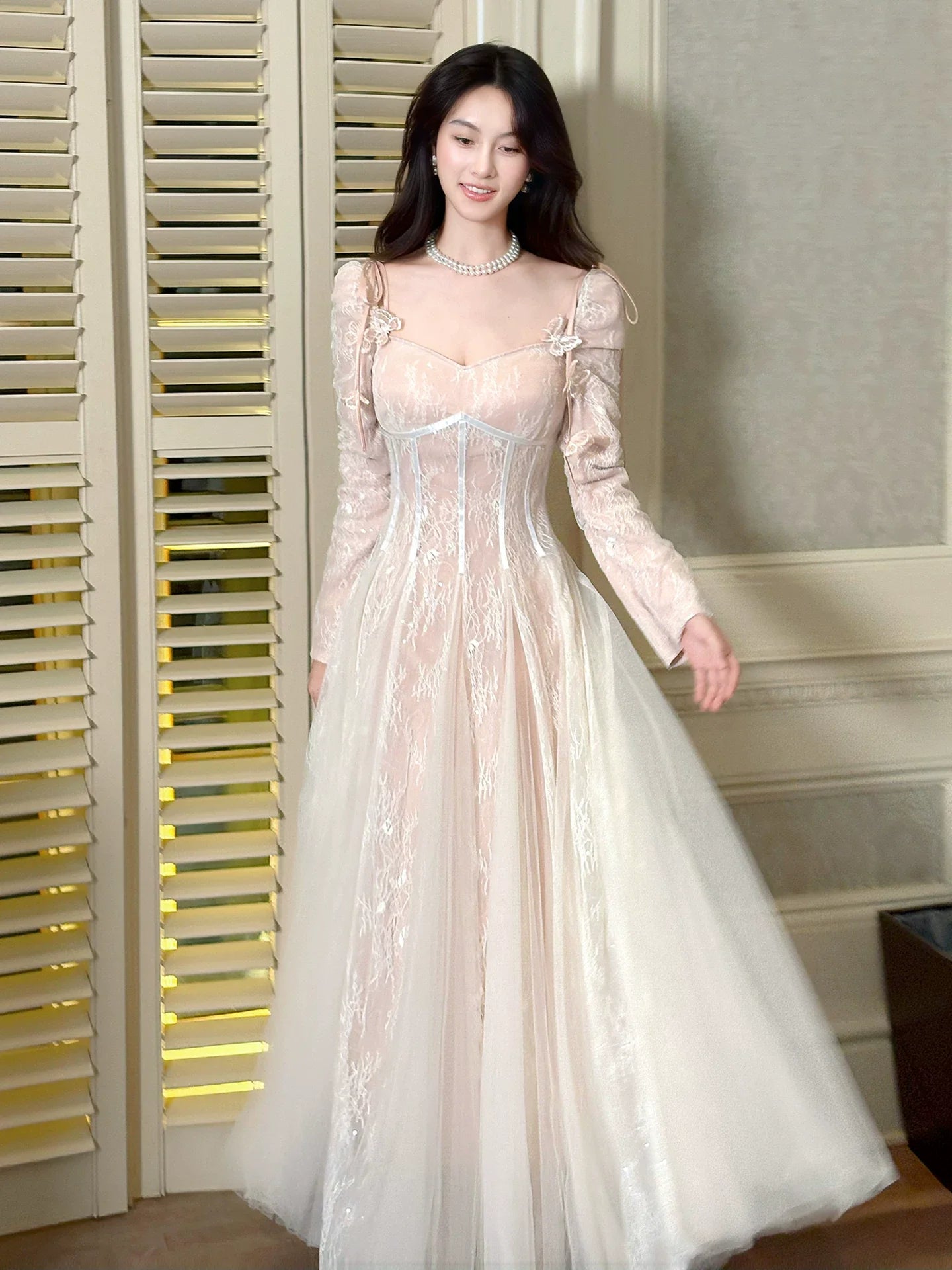 Cute A Line Long Sleeves Lace Pleated Prom Dresse