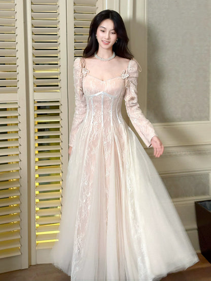 Cute A Line Long Sleeves Lace Pleated Prom Dresse