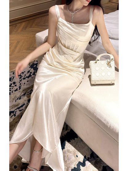 Simple Sheath Square Neck Satin With Pleated Prom Dresses