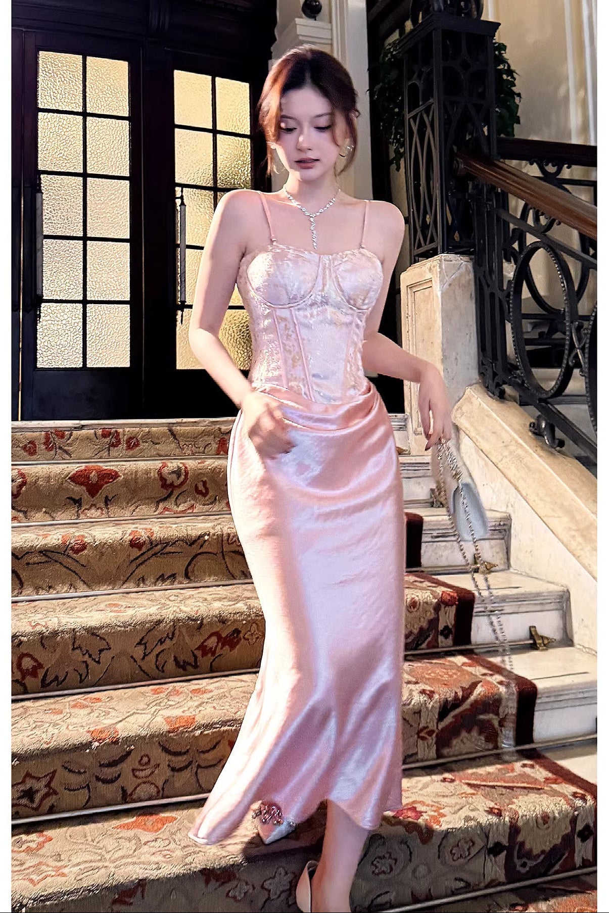 Pink Modest Mermaid Spaghetti Straps Ruffles Long Prom Dresses