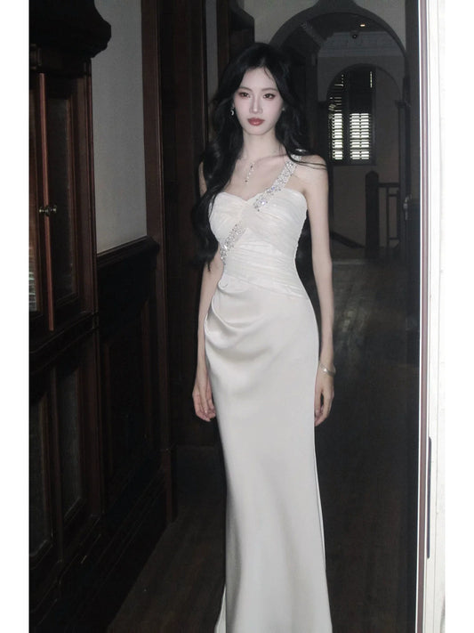 One Shoulderd Classy Mermai White With Beaded Satin Ankle Length Pleated Prom Dress