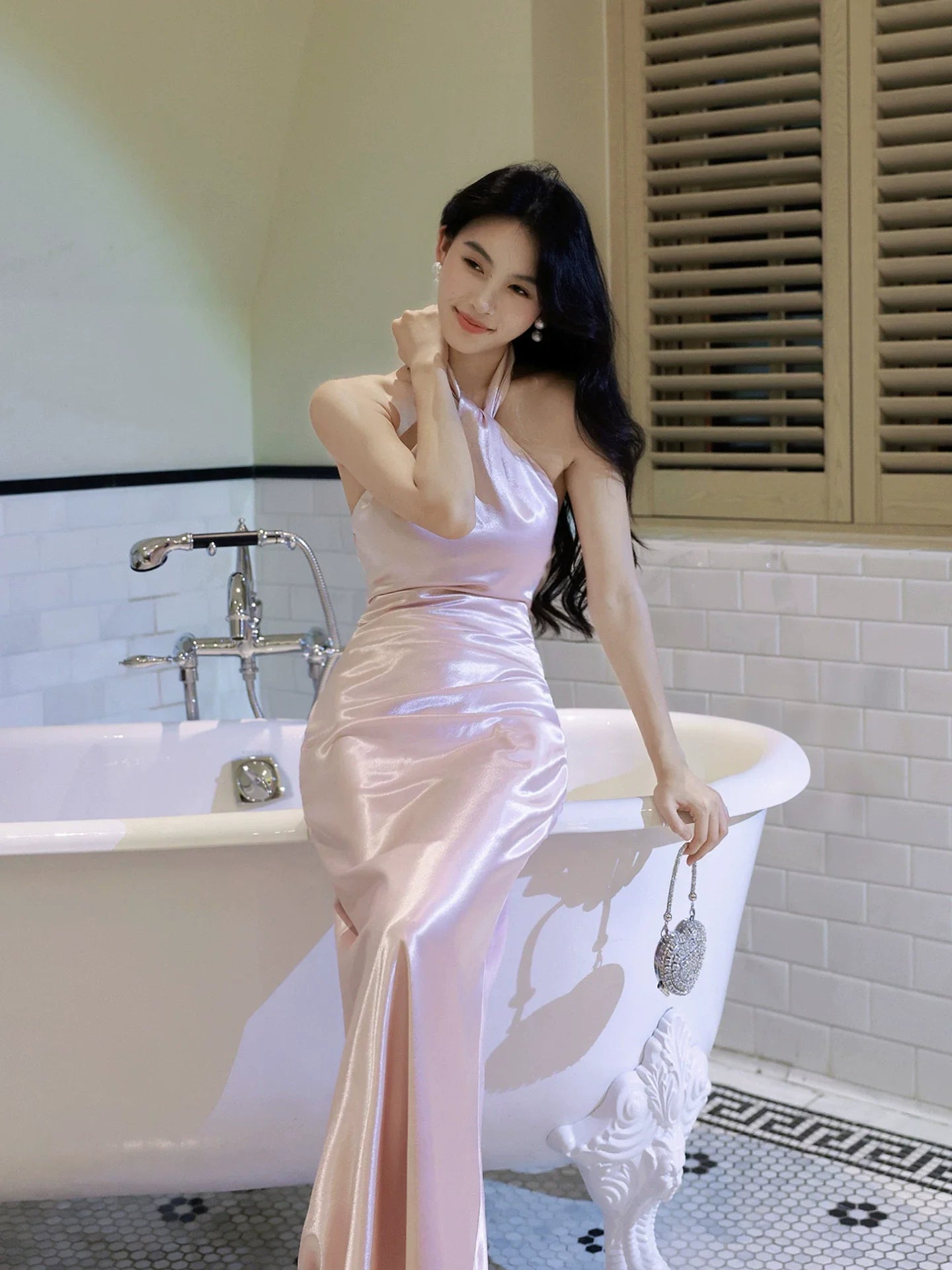 Chic Sheath Halter Pink Satin Ankle Length Prom Dresses