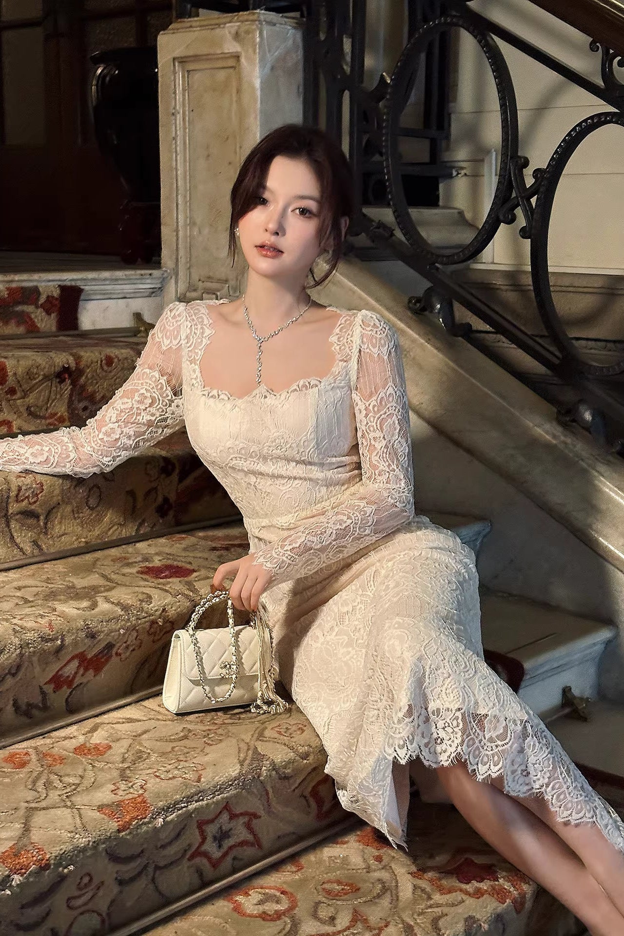 Square Neck Lace Long Sleeves Ankle Length Prom Dresses
