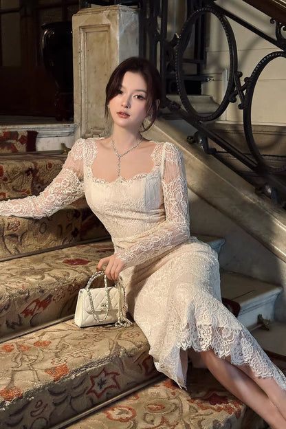 Square Neck Lace Long Sleeves Ankle Length Prom Dresses