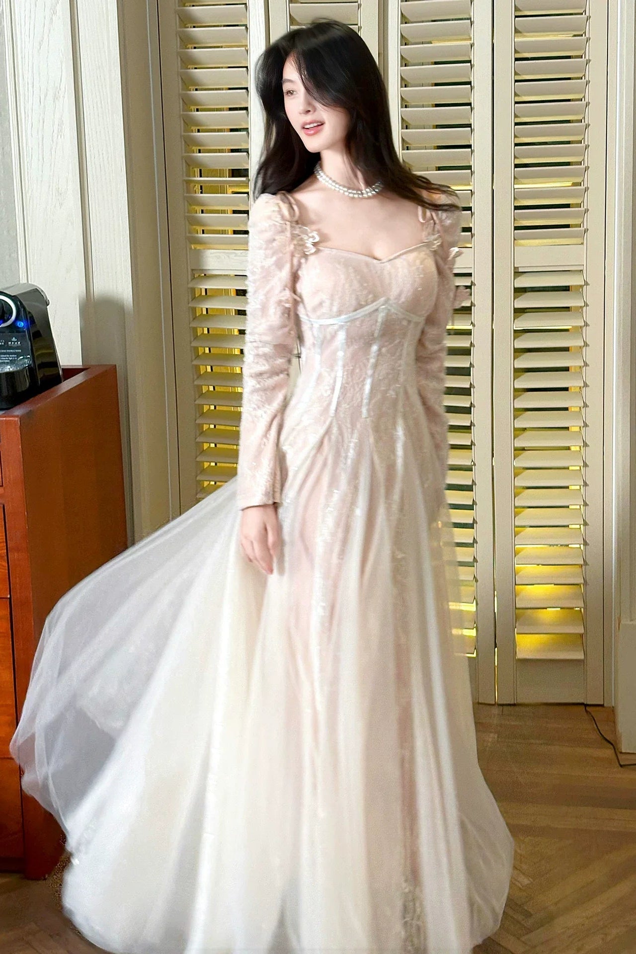 Cute A Line Long Sleeves Lace Pleated Prom Dresse