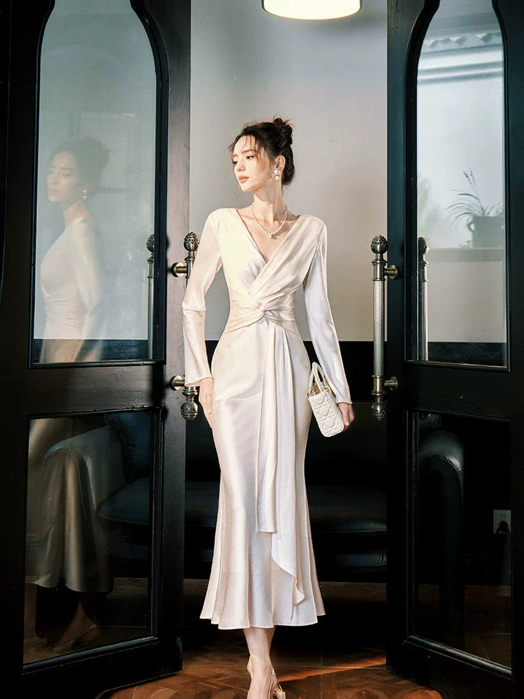 V Neck Long Sleeves Ankle Length Prom Dresses