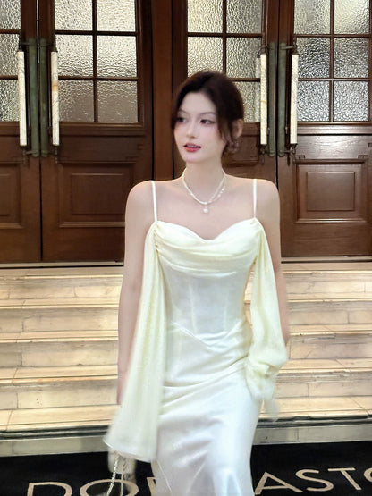 Spaghetti Straps White Satin Ankle Length Prom Dresses Wedding Guest Dress