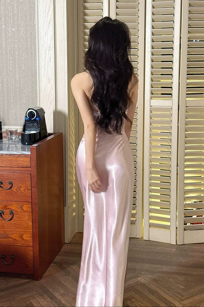 Chic Sheath Halter Pink Satin Ankle Length Prom Dresses