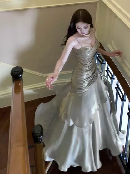 Modest Mermaid Spaghetti Straps Ruffles Long Prom Dresses