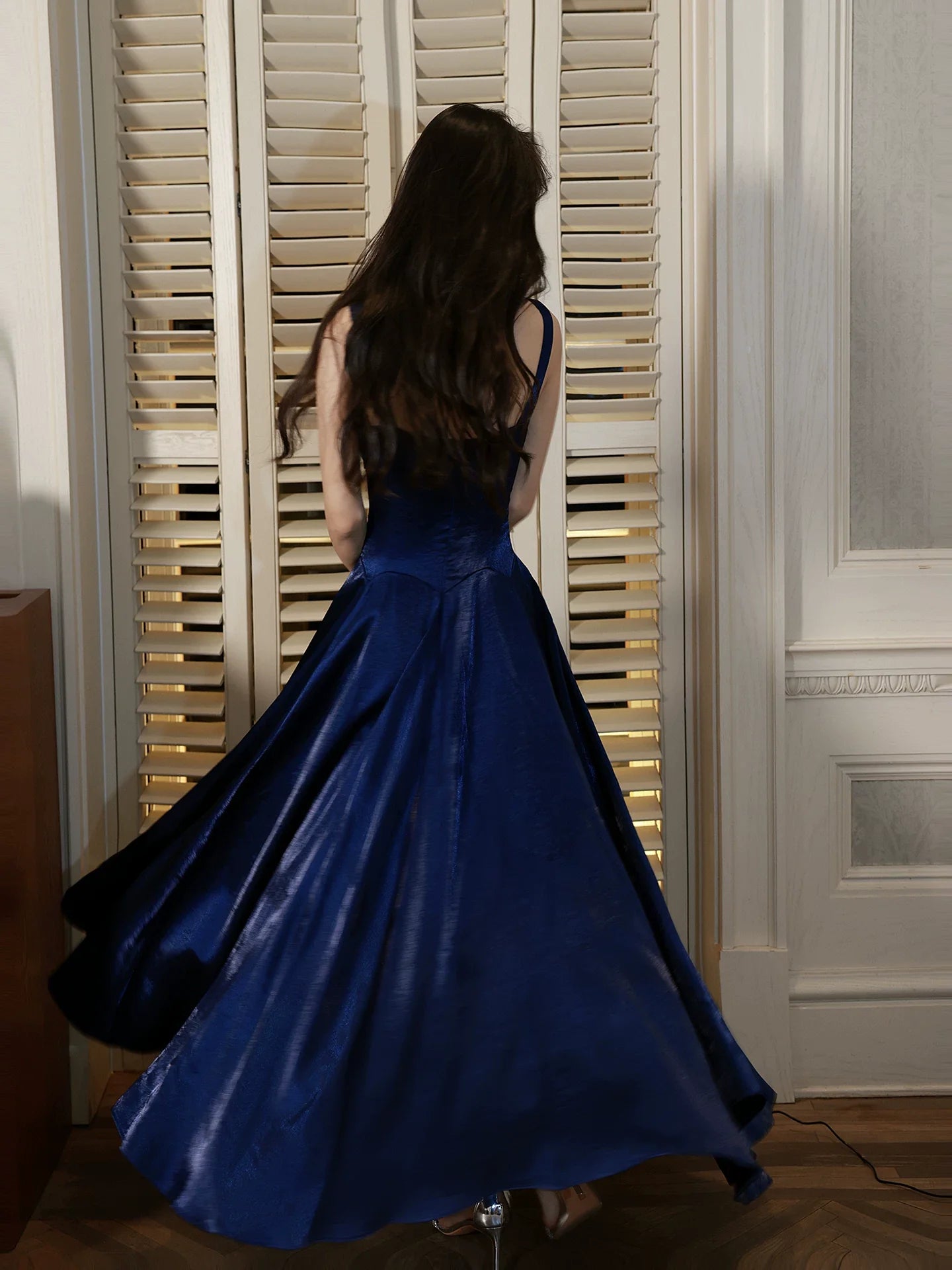 Elegant Royal Blue Ankle Length A Line Spaghetti Strap Pleated Prom Dress