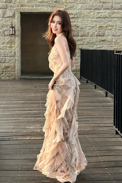 Elegant Mermaid Spaghetti Strap Sequin Long Layered Prom Dress