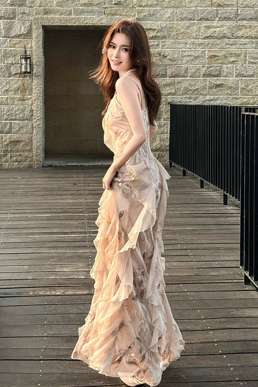 Elegant Mermaid Spaghetti Strap Sequin Long Layered Prom Dress