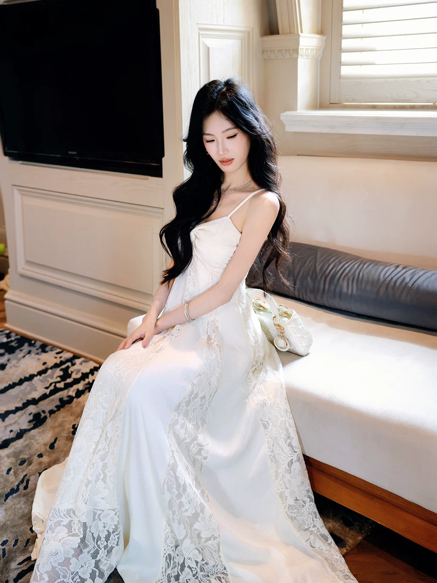 Sweety A Line Spaghetti Strap White Lace Long Pleated Prom Dress