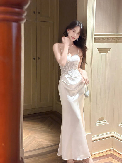 Elegant Mermaid Spaghetti Strap White Satin Long Pleated Prom Dress