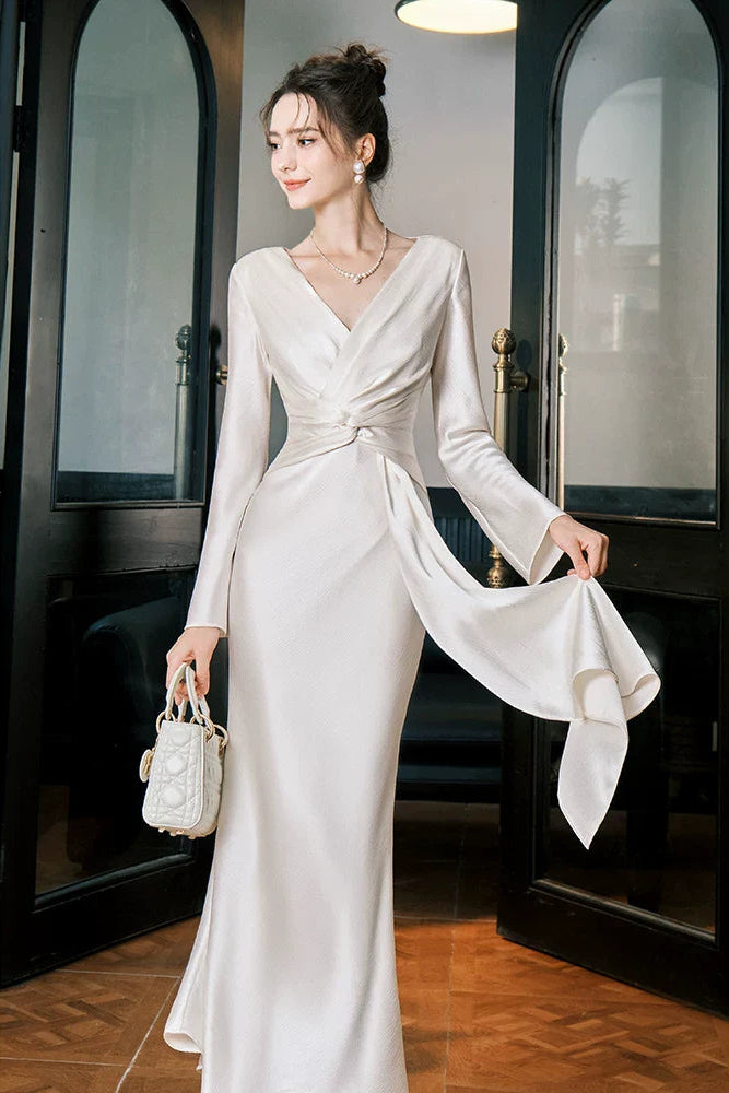 V Neck Long Sleeves Ankle Length Prom Dresses