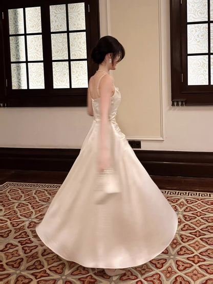 Ivory A line Spaghetti Straps Long Prom Dresses Wedding Guest Dress