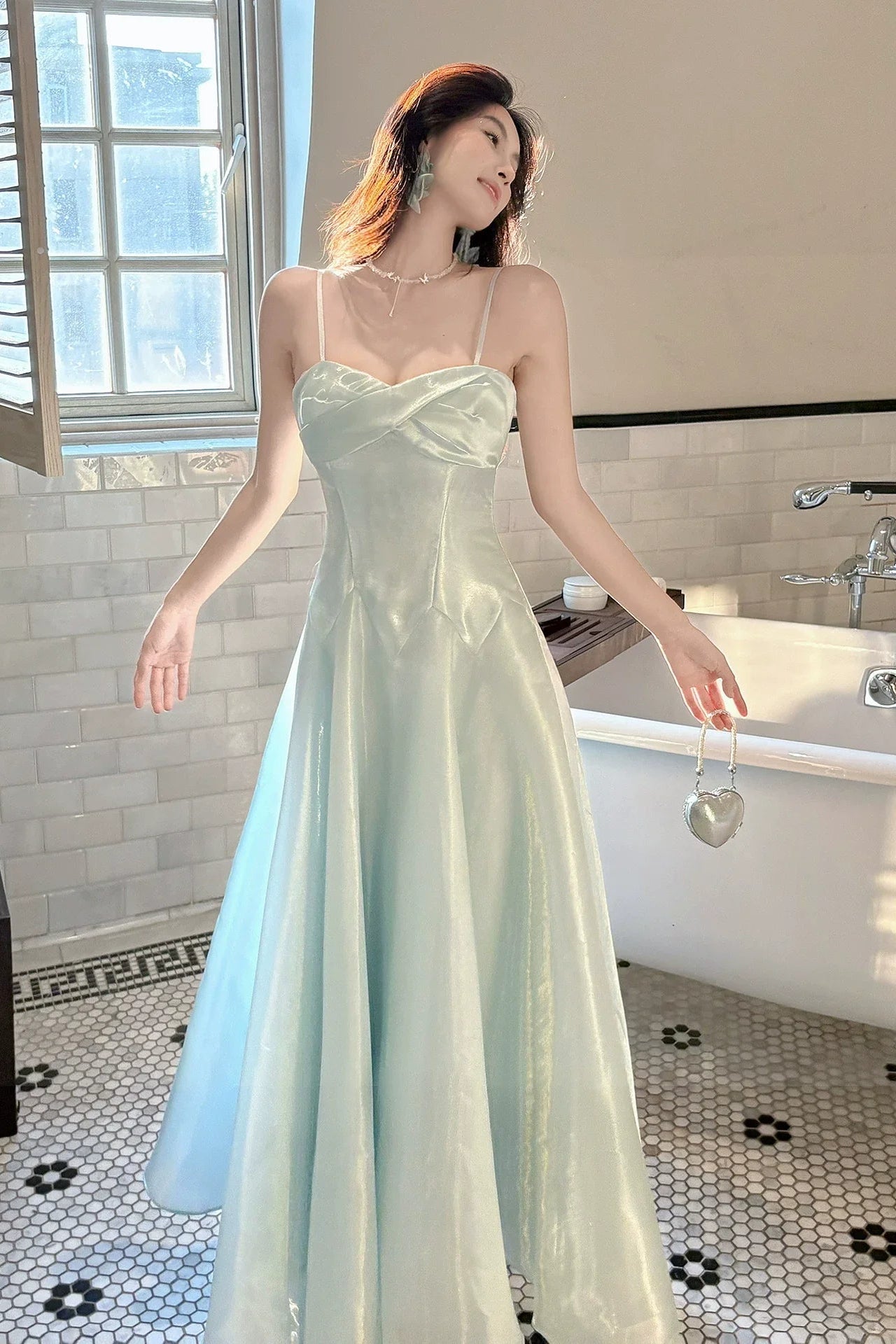 Ice Blue A Line Spaghetti Strap Ankle Length Pleated Prom Dress