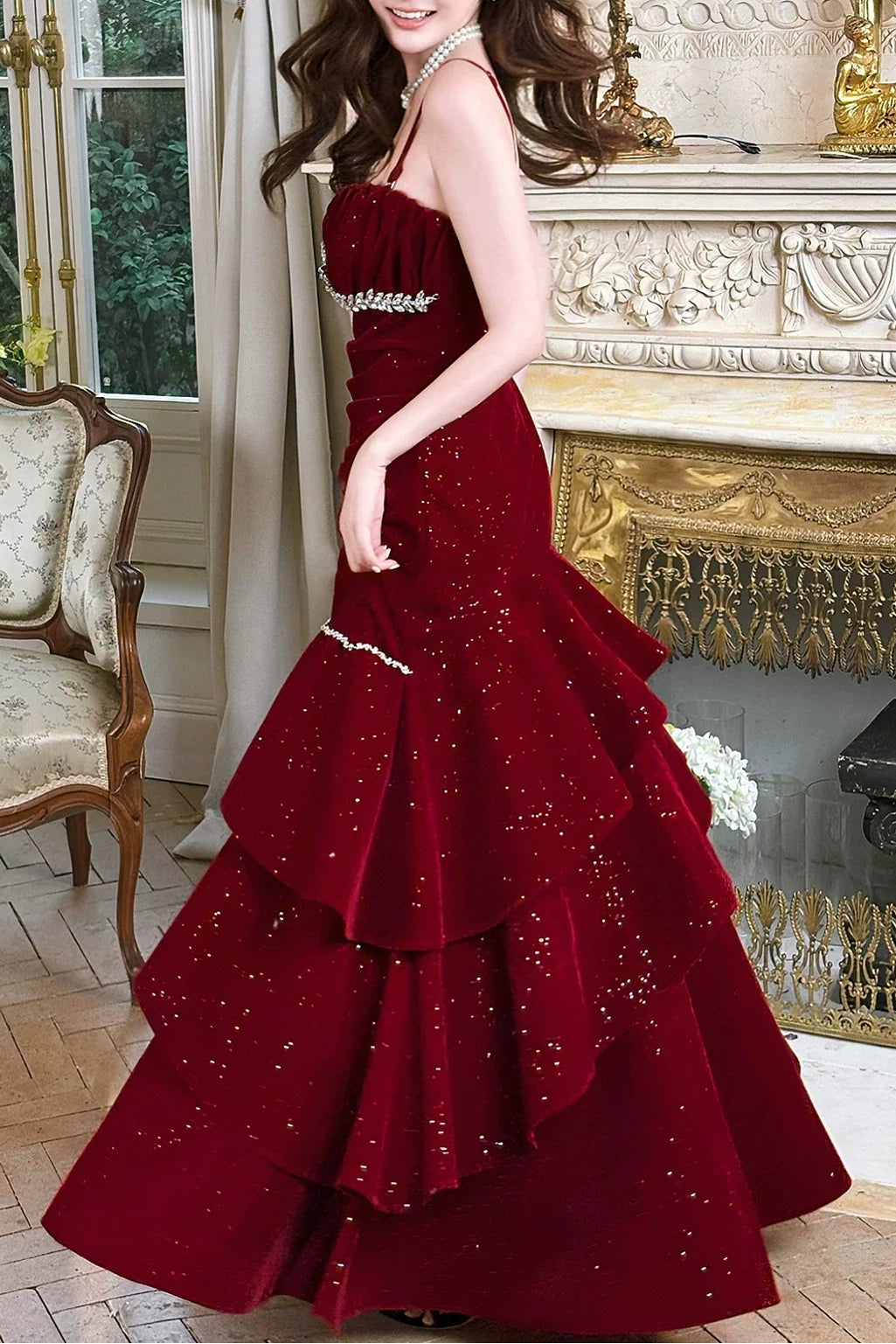 Burgundy Elegant Mermaid Spaghetti Strap Velvet Long Layered Prom Dress